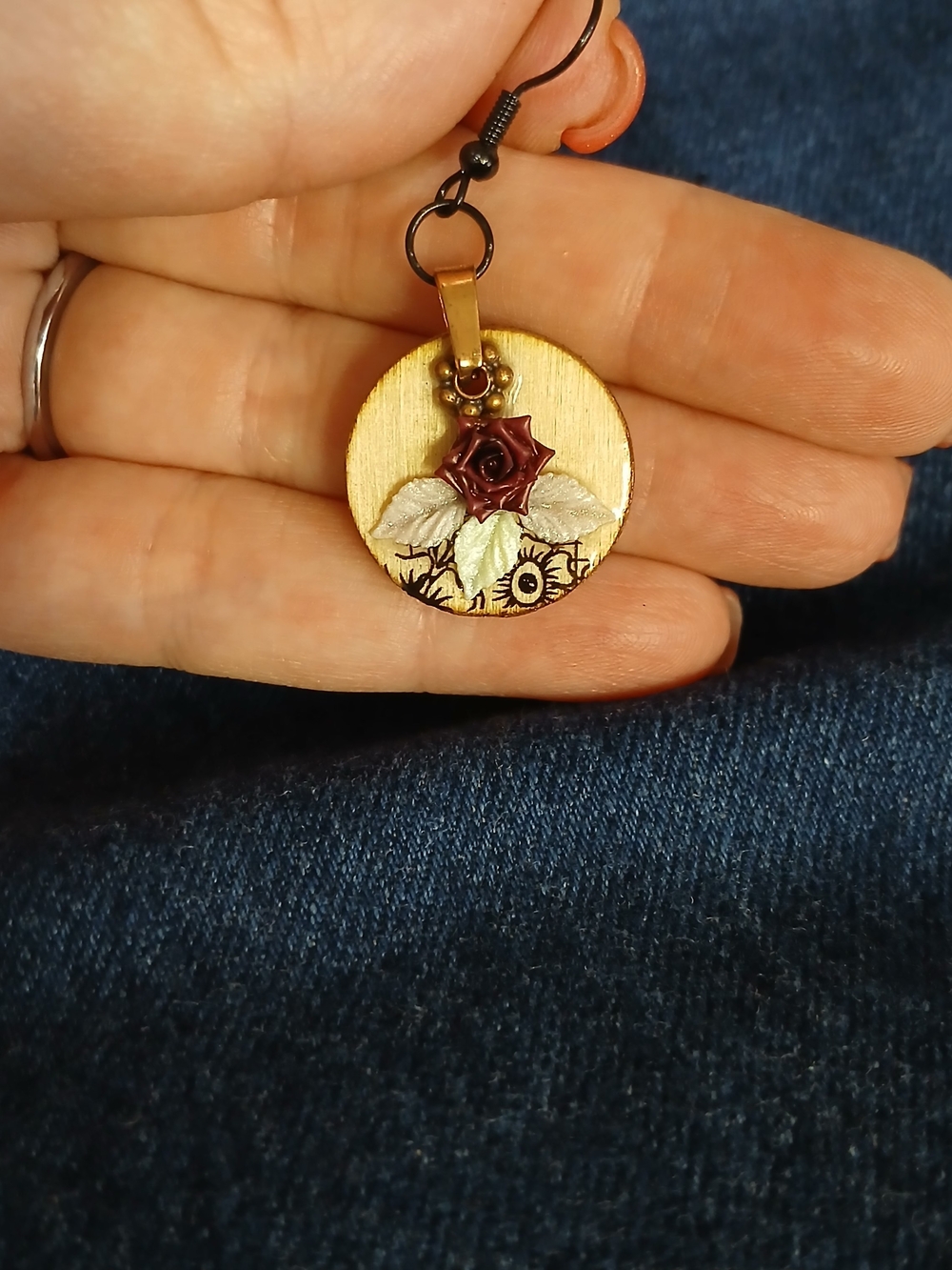 Handcrafted Burgundy Rose Wood Drop Earrings - Women Jewelry - Picture 3 of 4